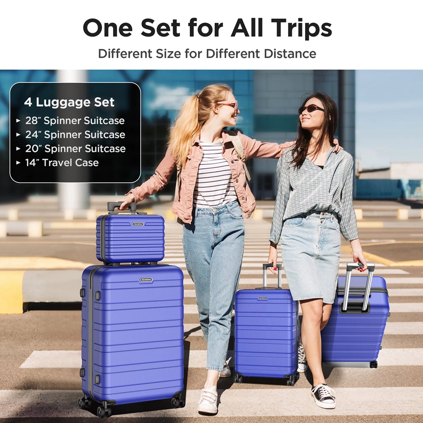 Famistar Hardside Luggage Suitcase 4 Piece Set with 360° Double Spinner Wheels Integrated TSA Lock, 14” Travel Case, 20" Carry-On Luggage, 24" Checked Luggage and 28" Checked Luggage, Blue