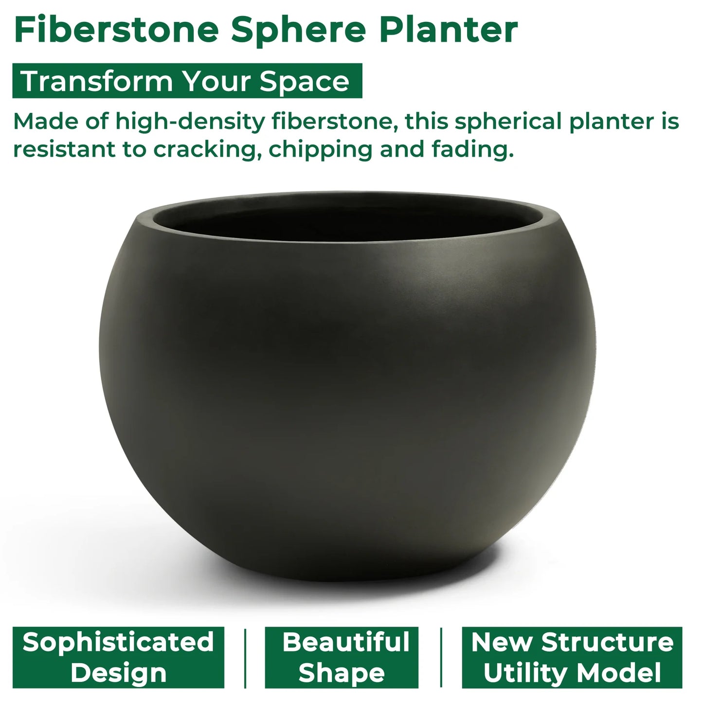 19.3" D x 13" H Fiberstone Large Size Planter, Black, 15" Pot Opening, Sphere Flower Pots with Drainage Hole, Weather Resistance Indoor/Outdoor Round Planters for Tree or Plants