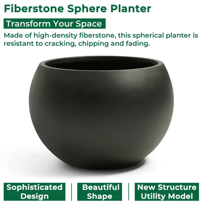 19.3" D x 13" H Fiberstone Large Size Planter, Black, 15" Pot Opening, Sphere Flower Pots with Drainage Hole, Weather Resistance Indoor/Outdoor Round Planters for Tree or Plants