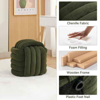 Modern Ottoman Footstool, Chenille Braided Foot Stool with Sponge Filling, Exquisite End Table Pouf Stool Soft Shoe Stool, Green