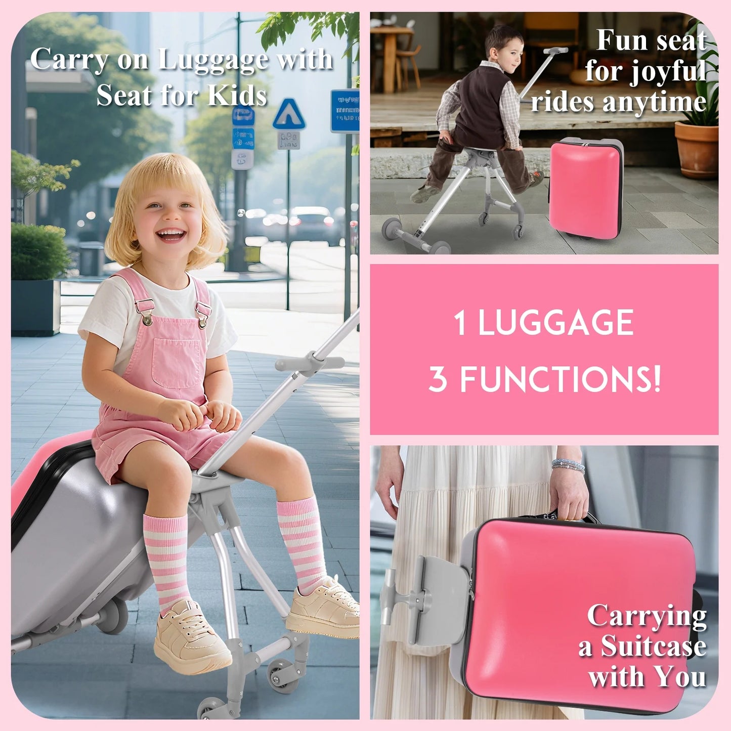 Fridtrip 20 Inch Hardside Carry on Luggage - 3-in-1 Kids Ride-on Suitcase with Spinner Wheels, Child Seat & Stroller Design, Lightweight Hard Shell Travel Luggage with Large Capacity for Family Trips