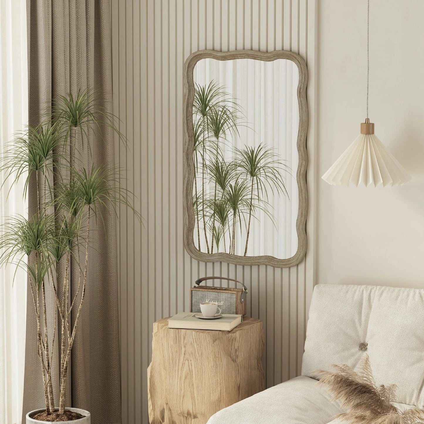 COZAYH Curved Wood Frame Accent Mirror, Farmhouse French Country Decorative Wall Mirror, Rectangle 23.5" L x 38" W, Natural