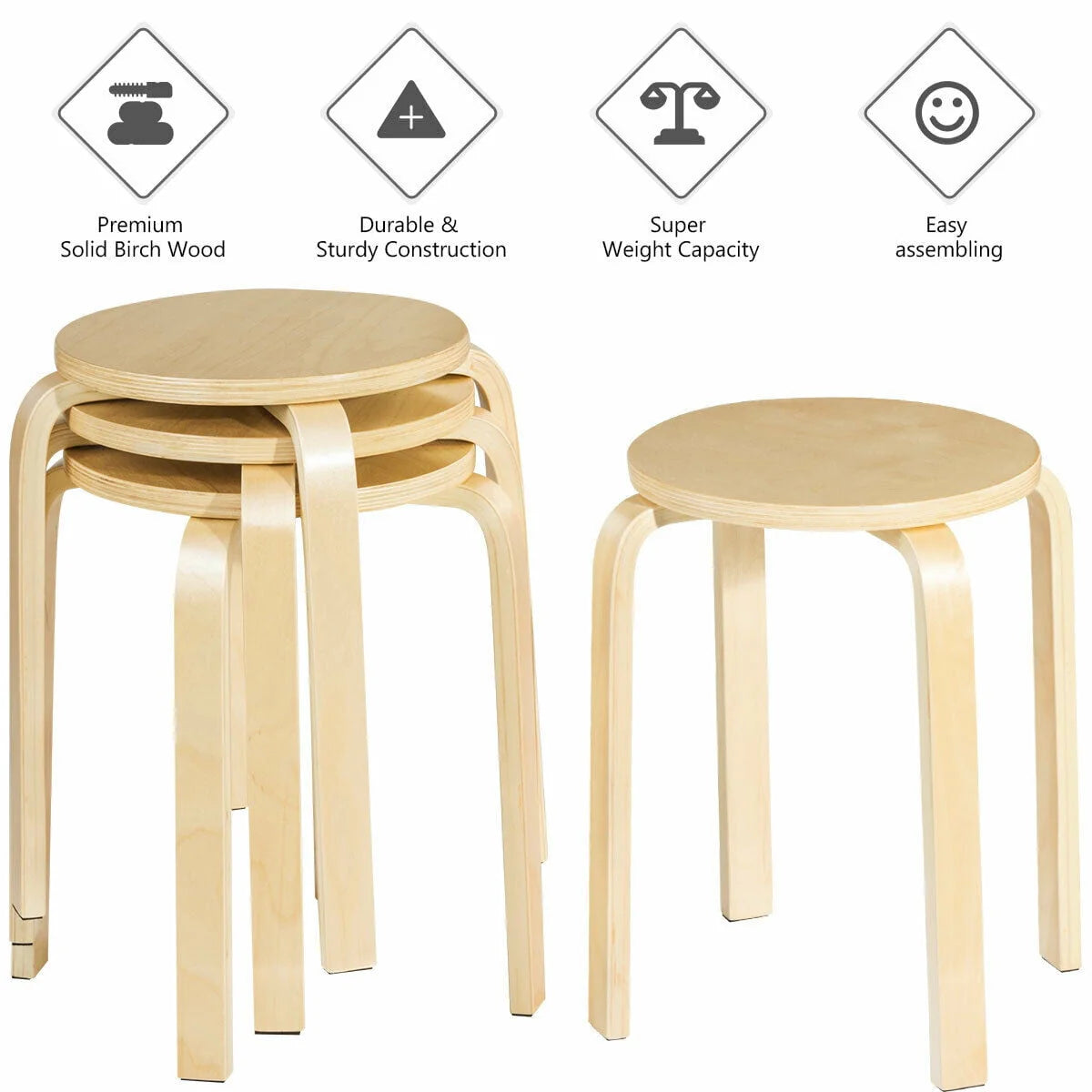 Set of 4 18" Stacking Stool Round Dining Chair Backless Wood Home Decor