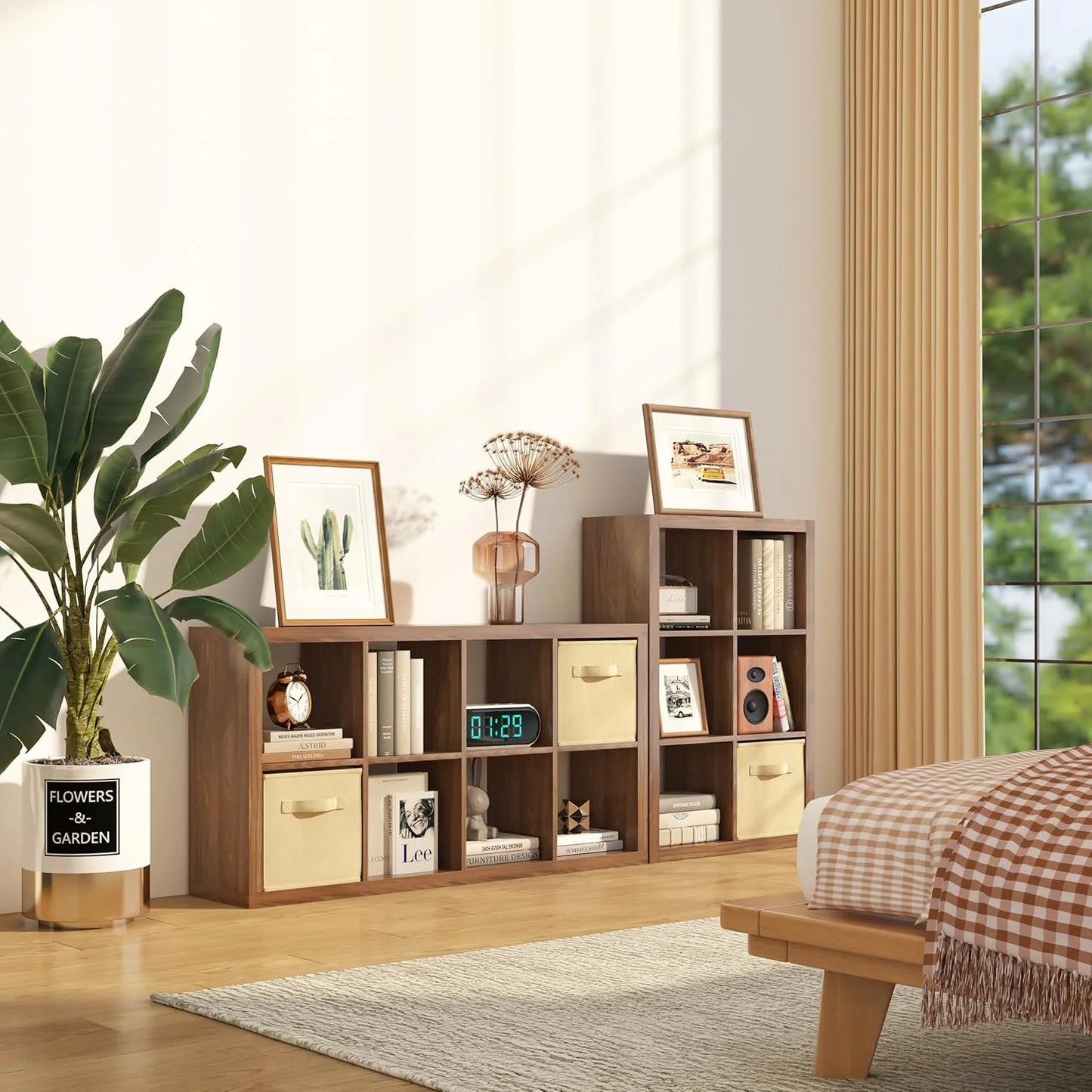GHooa Bookshelf with Storage Bin, 4-Cube Storage Organizer, Modern Wood Open Bookcase, Multifunctional Display Shelf for Living Room, Bedroom, Home Office-4 Cube-Classic Oak