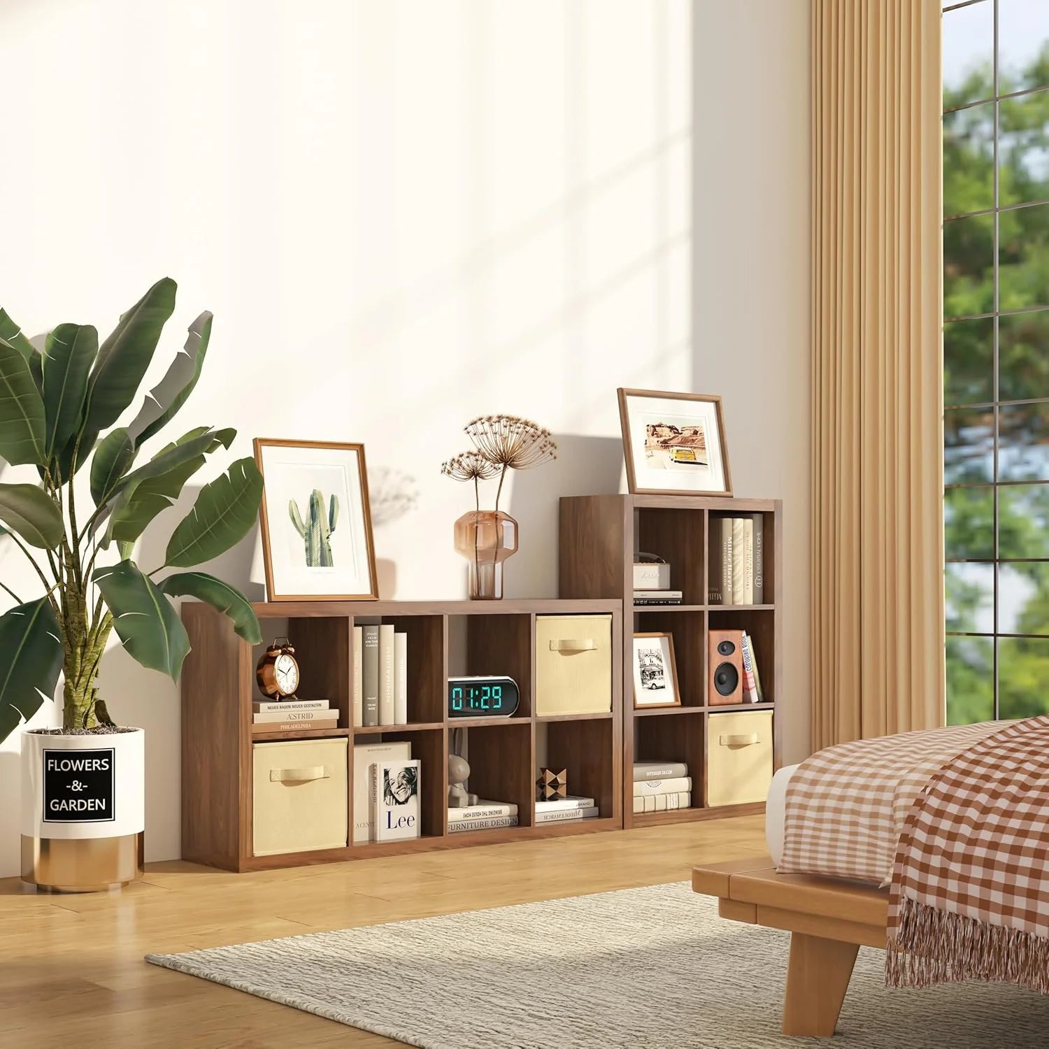 GHooa Bookshelf with Storage Bin, 4-Cube Storage Organizer, Modern Wood Open Bookcase, Multifunctional Display Shelf for Living Room, Bedroom, Home Office-4 Cube-Classic Oak