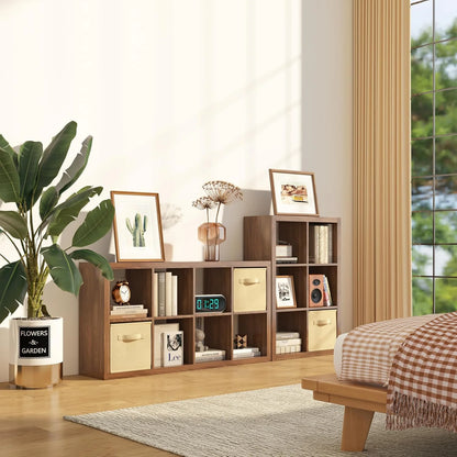 GHooa Bookshelf with Storage Bin, 4-Cube Storage Organizer, Modern Wood Open Bookcase, Multifunctional Display Shelf for Living Room, Bedroom, Home Office-4 Cube-Classic Oak