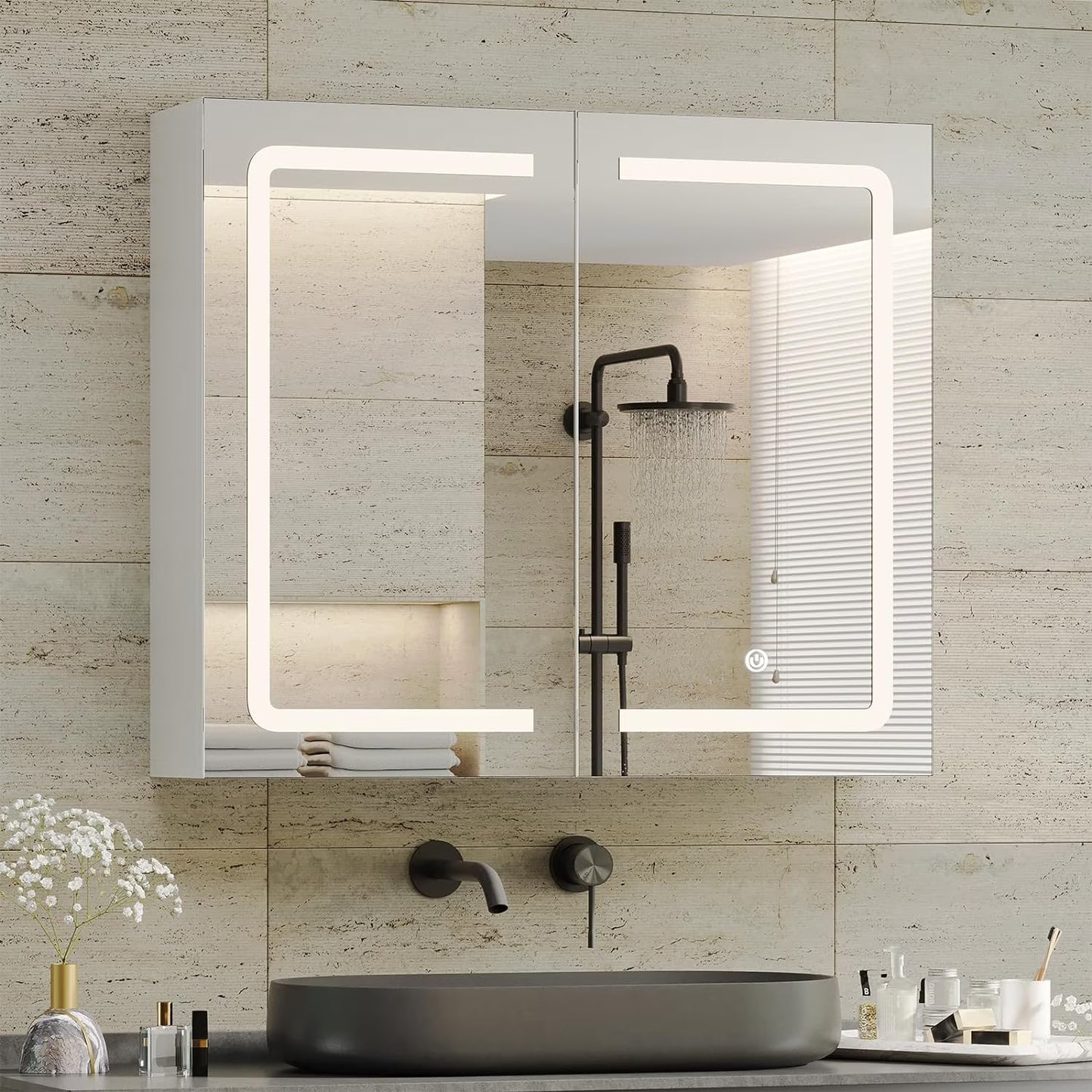 Lighted Medicine Cabinet with Mirror& LED Light for Bathroom,Wall Mounted Bathroom Mirror Cabinet with Storage and 2 Outlet and 3 Doors for Home, White, 39.4" x 23.6"