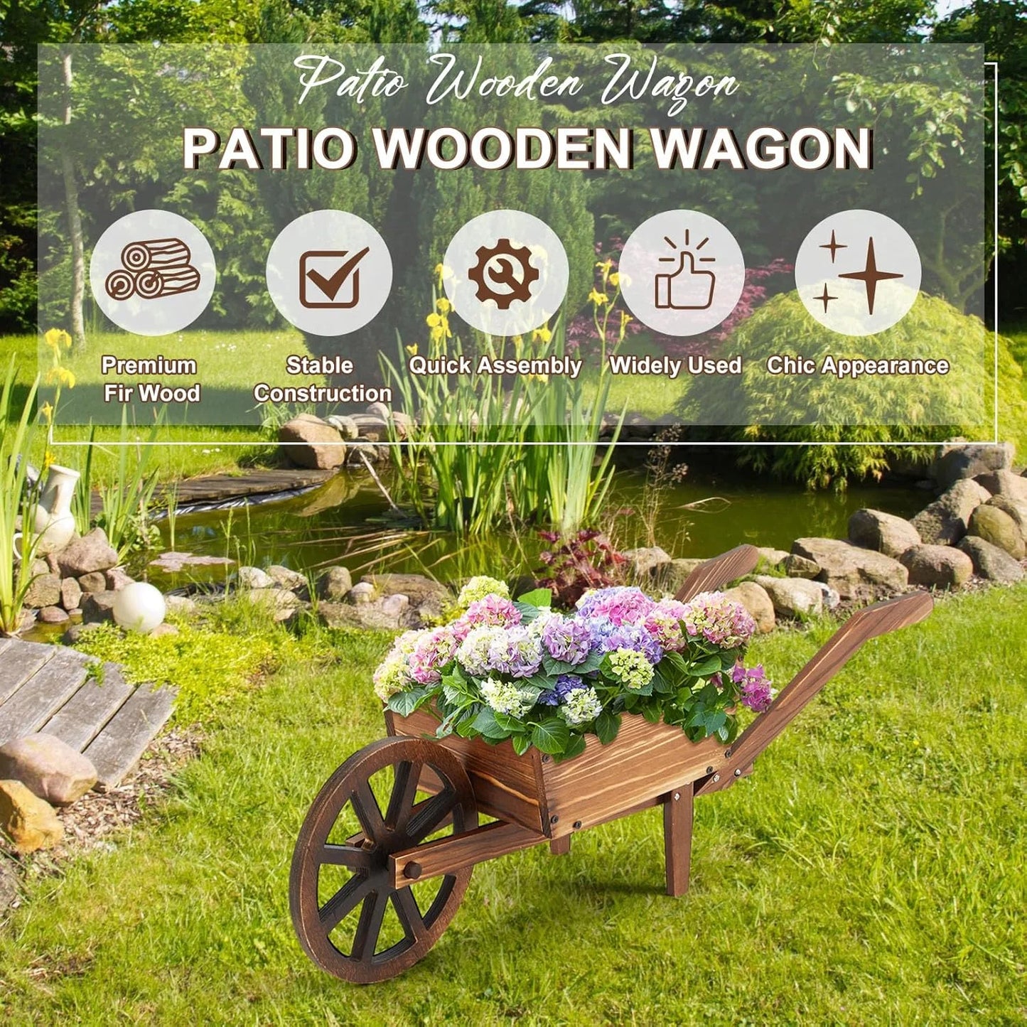 Wooden Wagon Planter Box, Garden Planter with Wagon Wheels, Flower Cart for Patio Garden Balcony, Decorative Patio Flowers Herbs Vegetables for Indoor Outdoor Decor, Brown(Rustic)