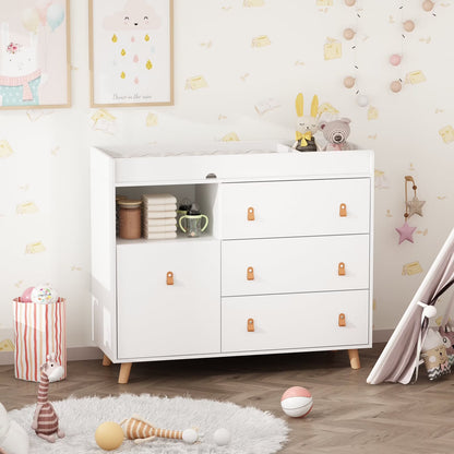 OXYLIFE 45" Baby Nursery Changing Table Dresser with 4 Drawers and Shelf for Nursery Room, White