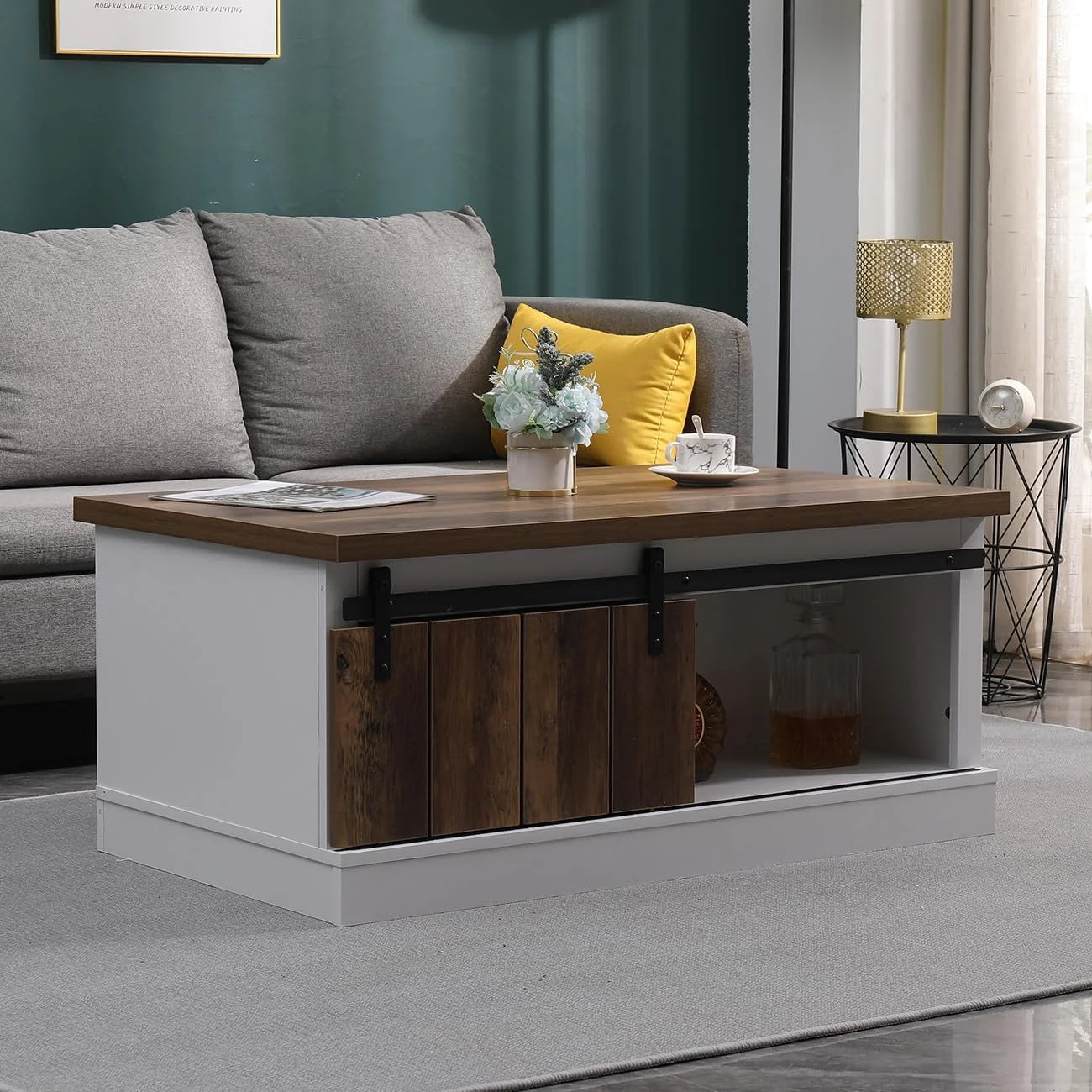 Ansley& HosHo Farmhouse Coffee Table with Sliding Barn Doors & Storage, Antique Wood Living Room Center Table, Rustic Industrial Cocktail Table for Bedroom Home Office, White+Dark Walnut