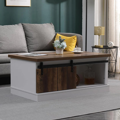 Ansley& HosHo Farmhouse Coffee Table with Sliding Barn Doors & Storage, Antique Wood Living Room Center Table, Rustic Industrial Cocktail Table for Bedroom Home Office, White+Dark Walnut