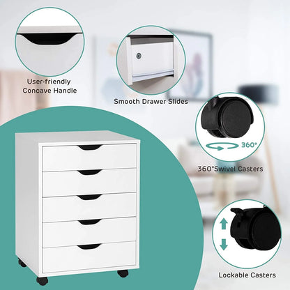 DWVO Wood File Cabinet Rolling Cart 5 Drawer Home Office Storage Organizer White