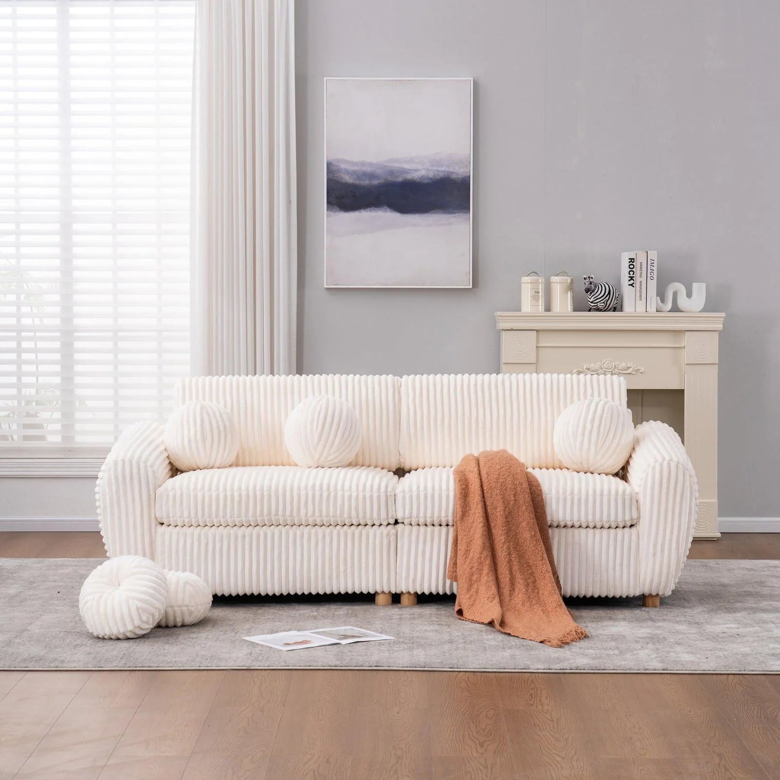 84" White Corduroy Loveseat Sofa, Modern Sectional Couch for Living Room, Apartment, Bedroom & Home Office, Solid Wood Frame, Comfortable Upholstered Seat