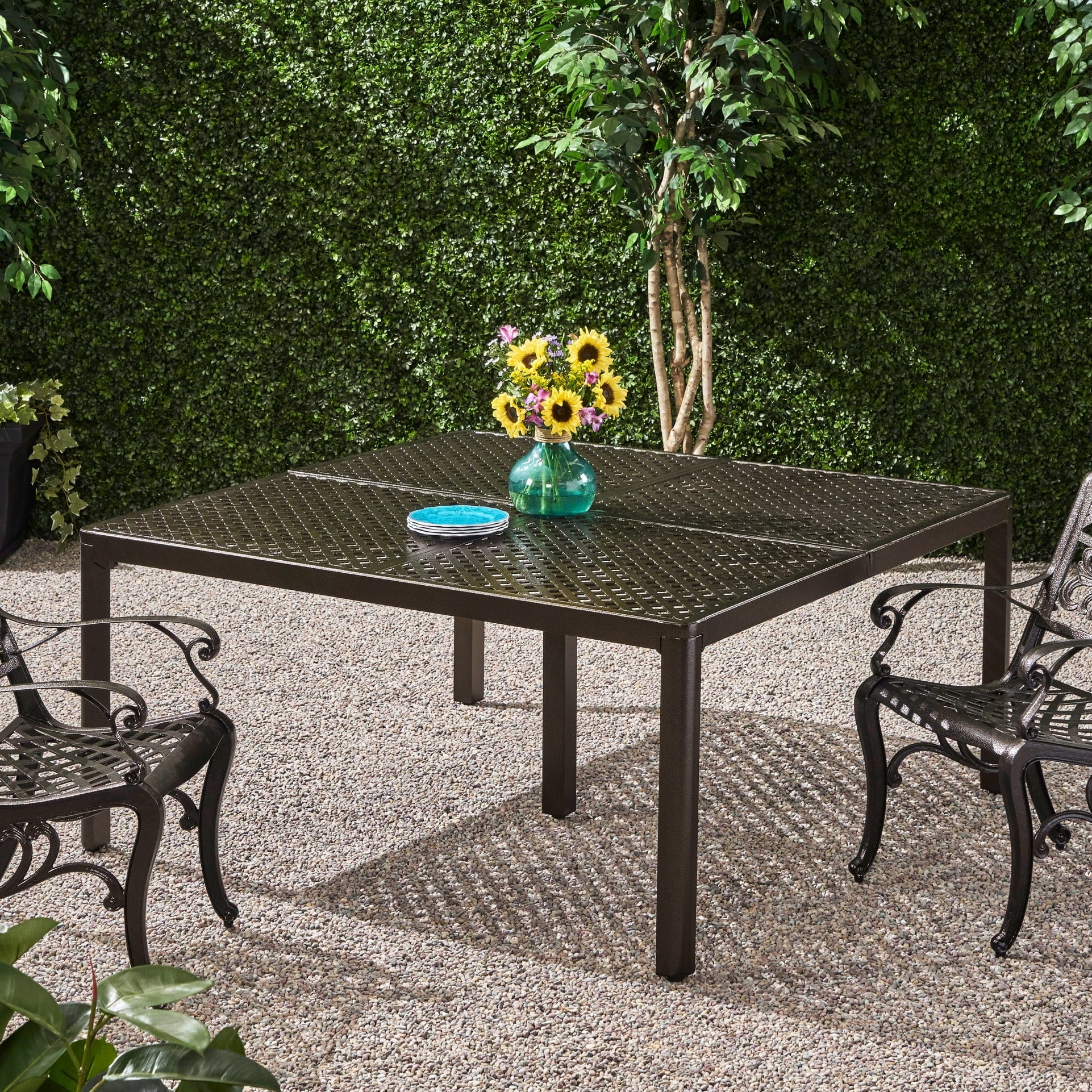 Modern Aluminum Dining Table, 61.25" Square, Gloss Black With Woven Accents, Rust , 8 Seats Poolside Area 62" Outdoor