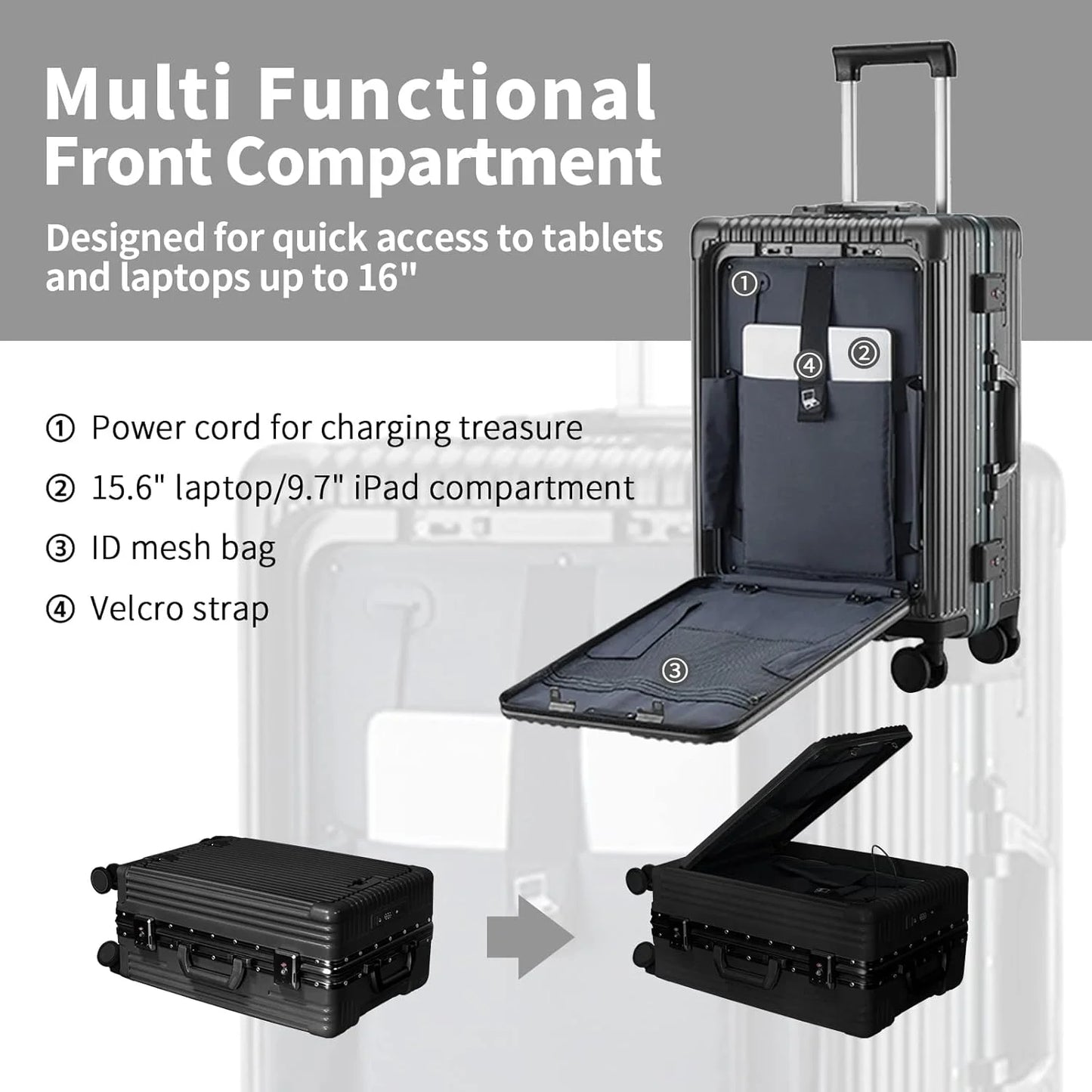 Carry-On Luggage with USB Charging Port, Front Compartment, TSA Lock, Airline Approved Carry On Hardside Suitcase with Spinner Wheels (Grey, 20inch)