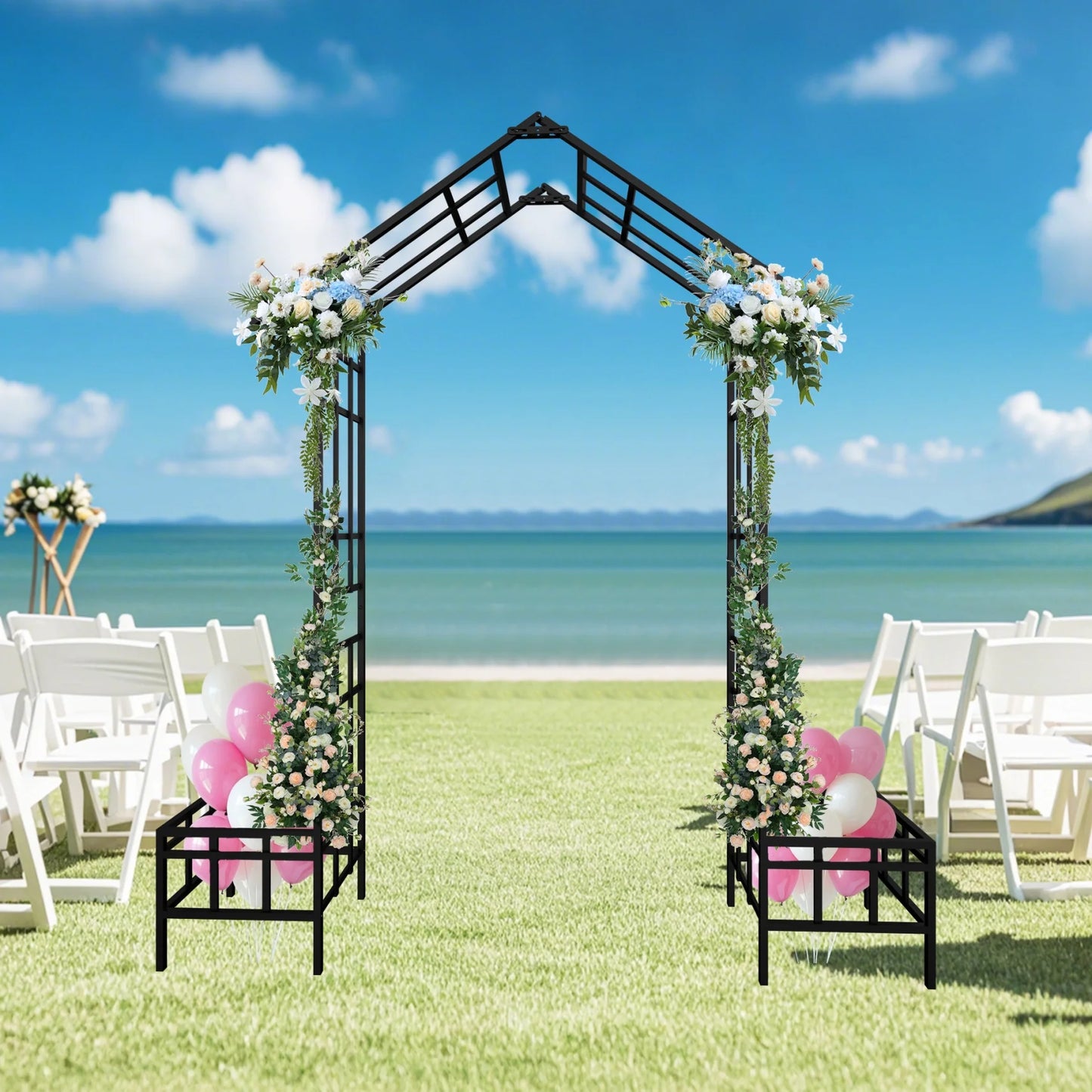 Metal Garden Arch with Plant Box and Adjustable Width, 2 in 1 House Shape Garden Arch Trellis for Climbing Plants Heavy Duty Steel Pergola Arch for Wedding Party Backyard Outdoor (Black)