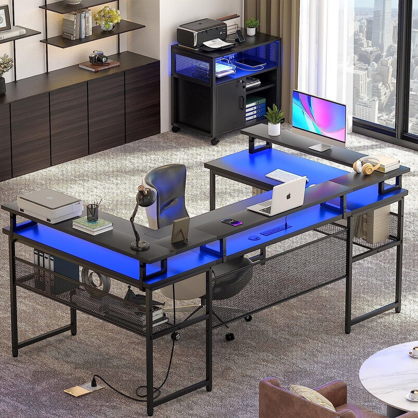 Homieasy U Shaped Desk with Power Outlet, 83 inch Reversible L-Shaped Gaming Desk with Monitor Stand and LED Strips, 2 Person Corner computer Desk with Storage Shelf for Home Office, Black