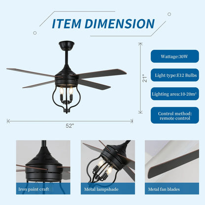 Chichoice 52 inch industrial Wood Farmhouse Ceiling Fan with candle Lights and Remote Control Reversible Motor