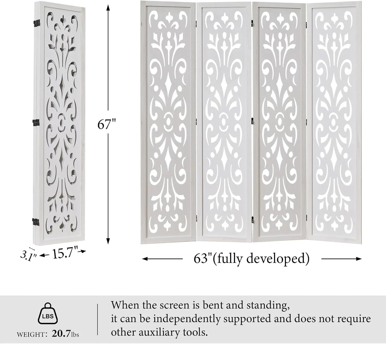 5.6Ft Room Divider Folding Wood Classical Carved Partition Screen for Home Office Garden - 4 Panels (White)