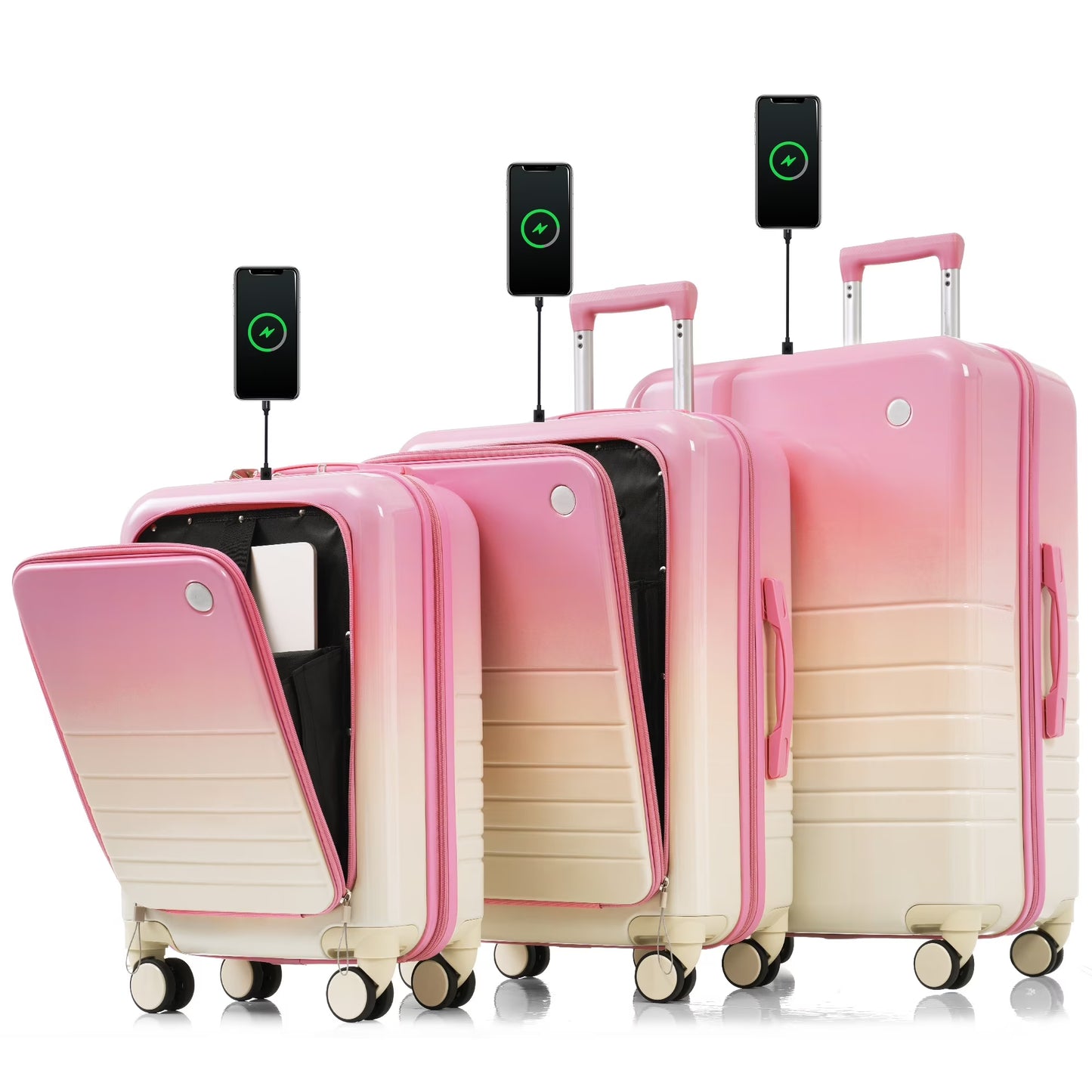 Euroco 3 Piece Luggage Sets, Hardshell Suitcase Set with Front-Opening,USB Port ,Cup Holder and Spinner Wheels,Lightweight Travel Luggage Set(20"/24"/28"),Ivory