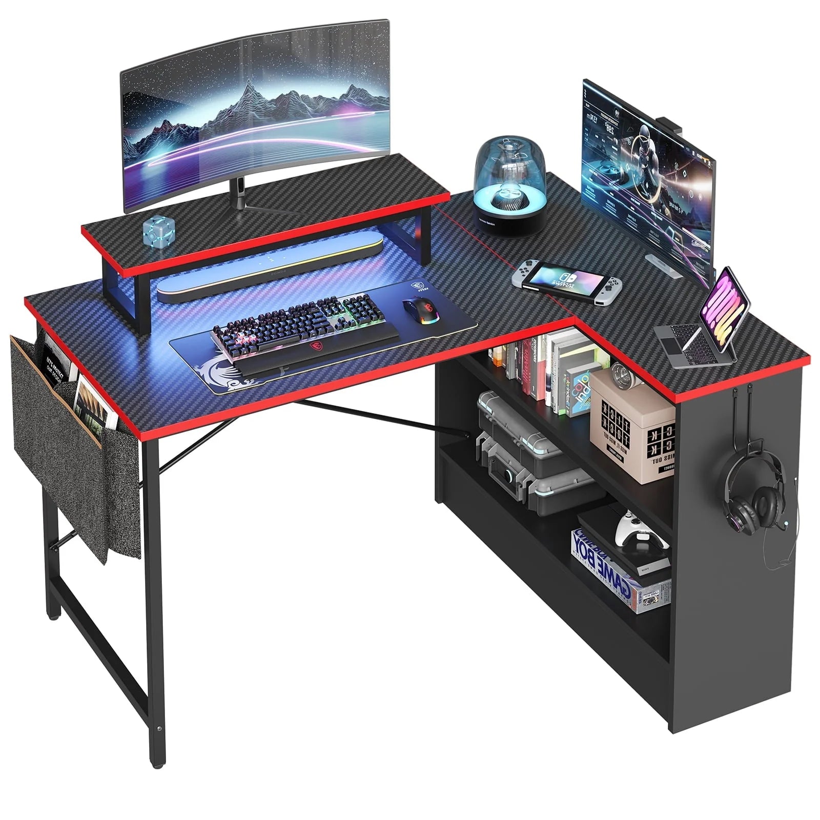 Bestier 42" L-shaped Computer Desk with Shelves LED Gaming Desk Corner Desk for Home Office, Carbon Fiber
