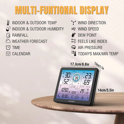 Raddy VP7 Weather Station | Wireless Indoor Outdoor Thermometer | 7.4'' Digital Color Display with Atomic Weather Clock | Temperature Humidity Monitor with Weather Forecast and Barometric Pressure