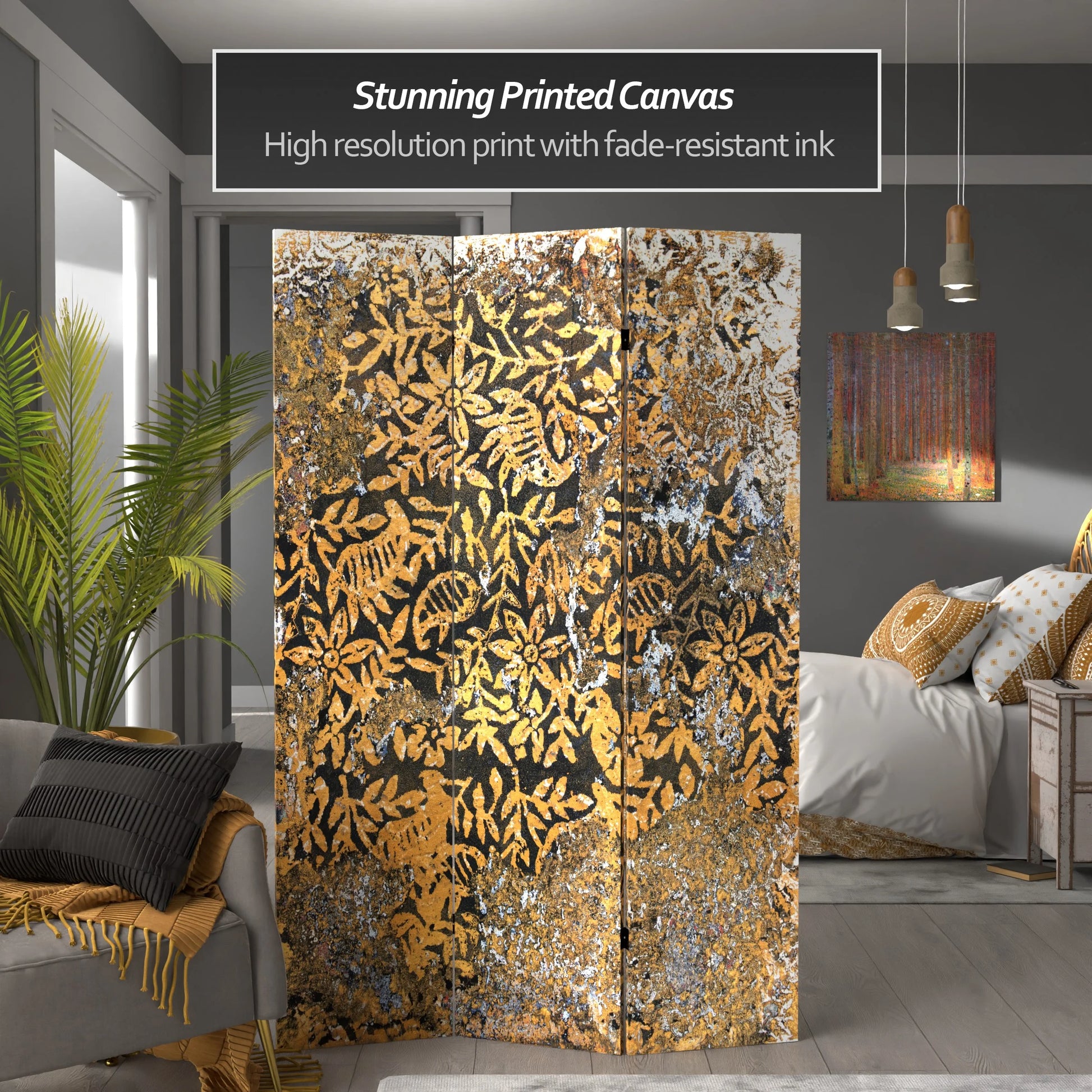 Oriental Furniture 6 ft. Tall Flowering Gold Canvas Room Divider - 3 Panel