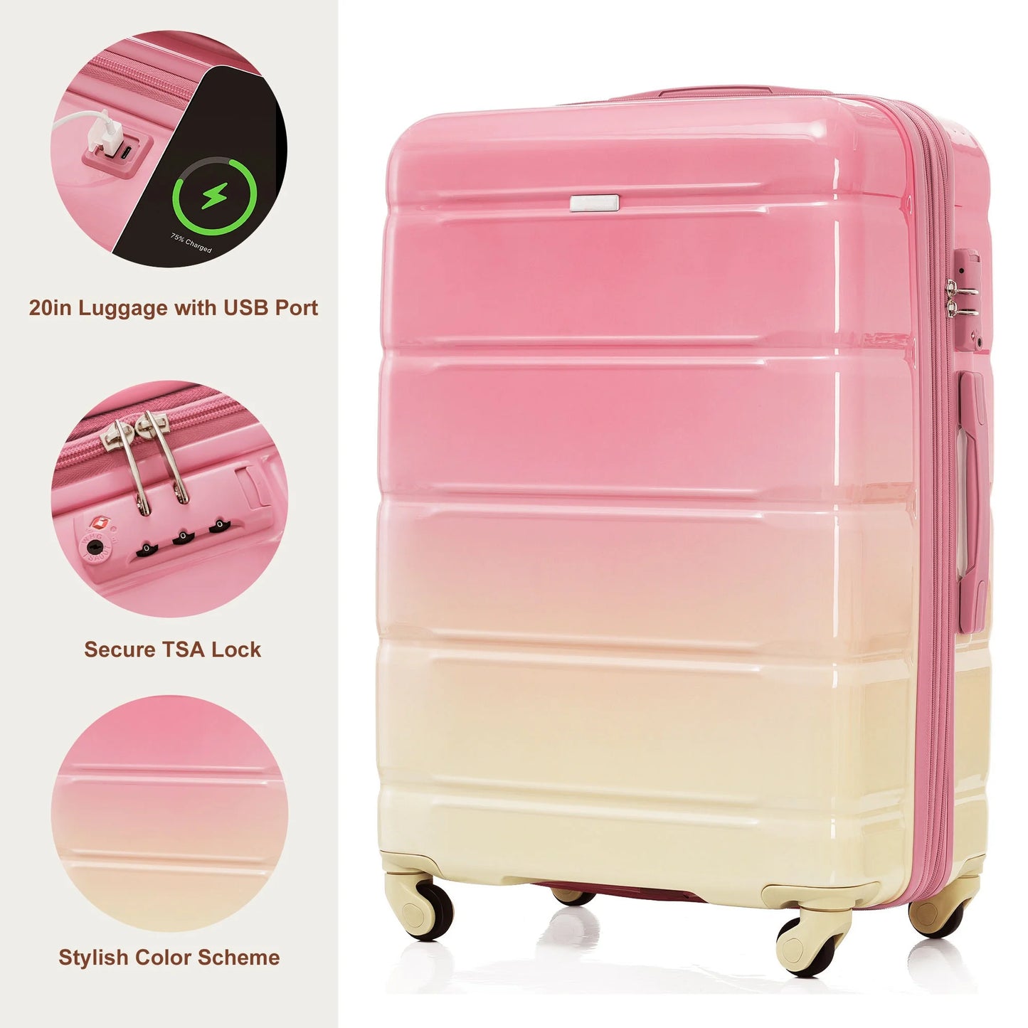 PAPROOS 3-Piece Luggage Set (20''/24''/28''), Hardshell Lightweight Suitcase with USB Port and Side Hooks, Travel Luggage with TSA-Lock, Hardside Rolling Luggage for School, Travel, Pink