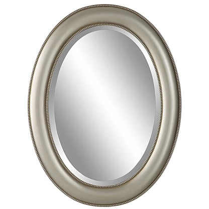 29 Inch Wood Wall Mirror, Beaded Oval Shape, Metallic Silver, Saltoro Sherpi