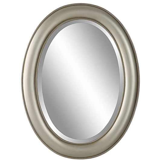 29 Inch Wood Wall Mirror, Beaded Oval Shape, Metallic Silver, Saltoro Sherpi