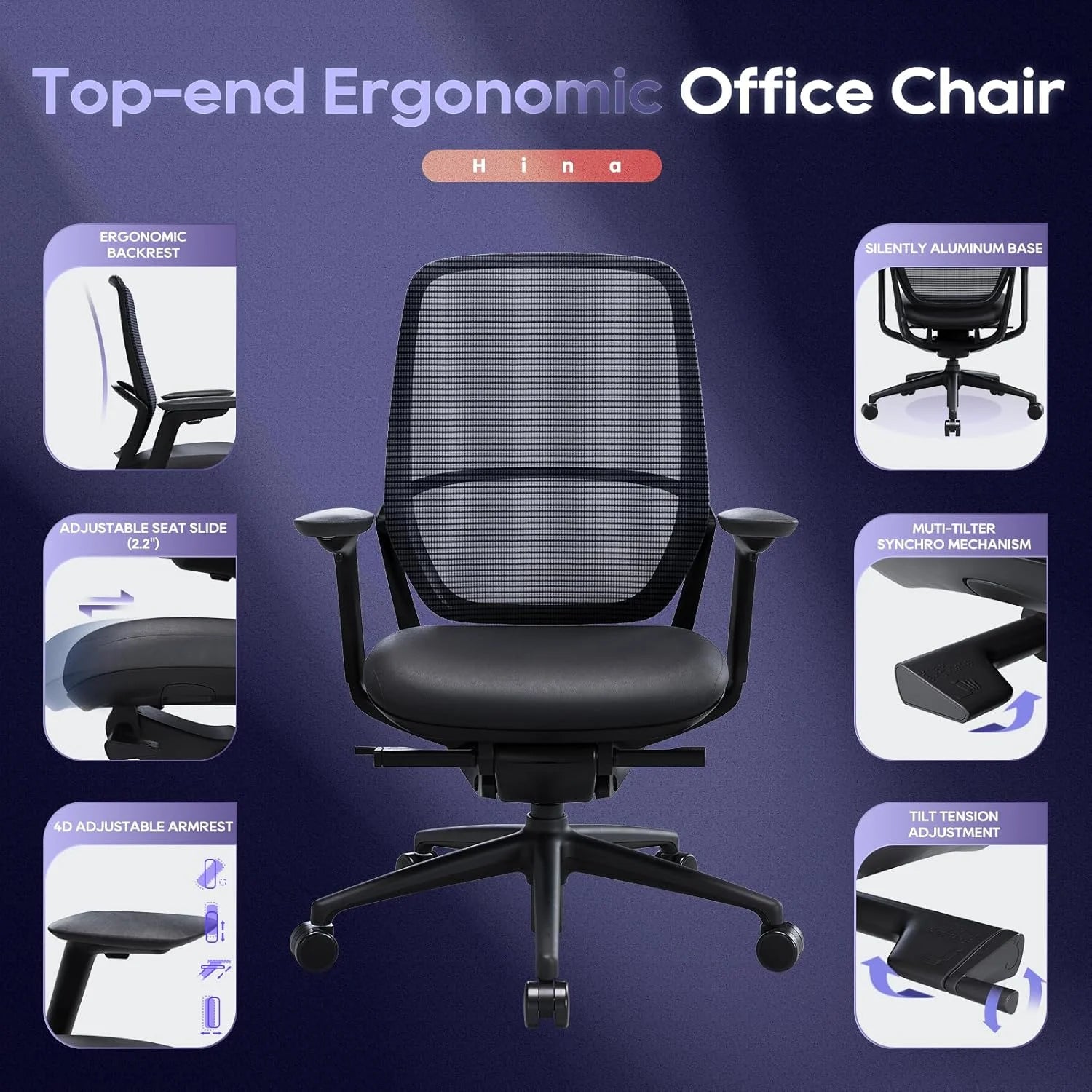 Ergonomic Office Chair, High Back Mesh Desk Chair with Adjustable Lumbar Support, Reclining Backrest, 4D Armrests, Breathable Mesh, Comfortable Computer Chair for Home Office, Work,Study