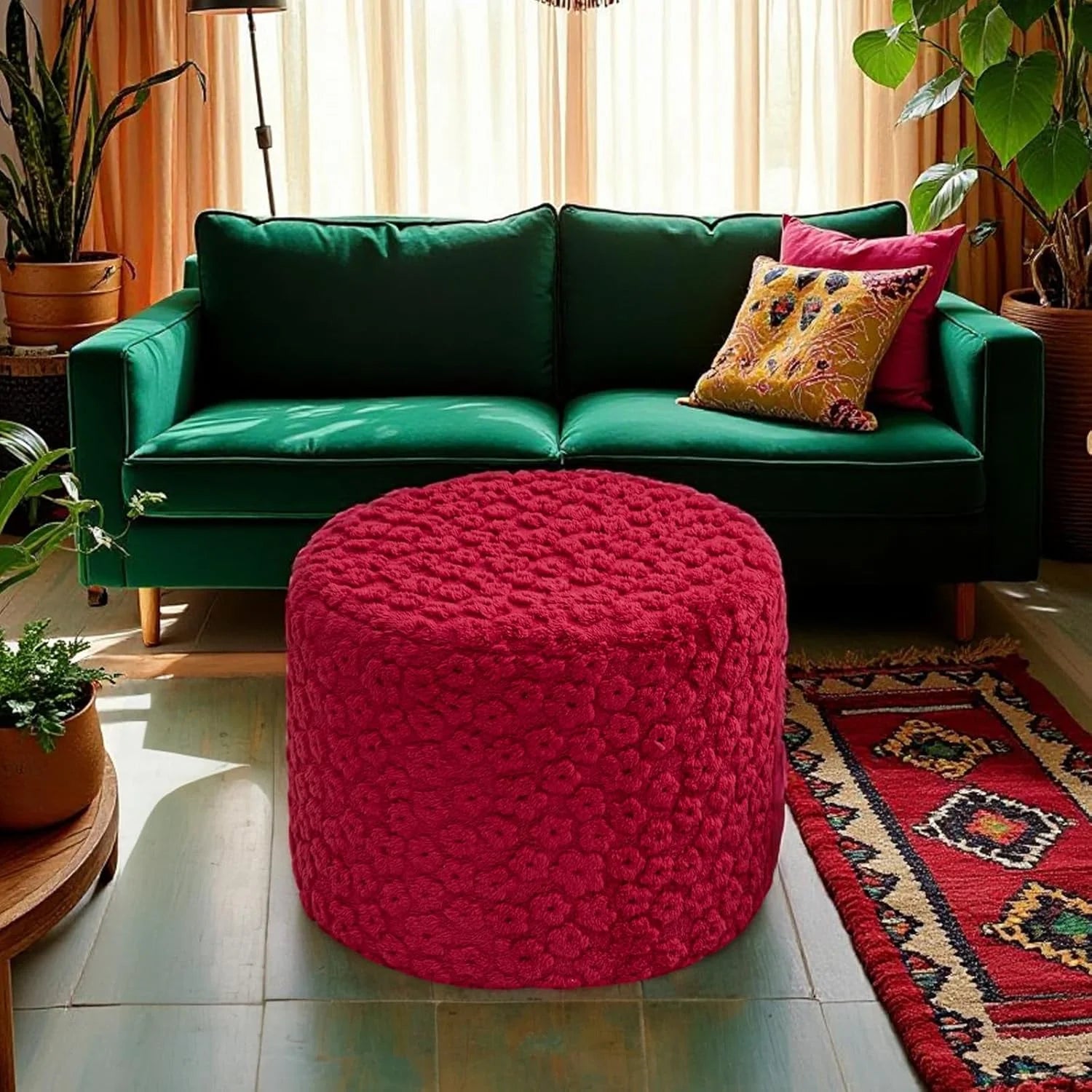 Ottoman Foot Rest Stuffed Round Boho Floor Poof Seating Armchair Ottoman Foot Stool Floor Cushion Bean Bag Pouf 18x18x14 Inch Burgundy