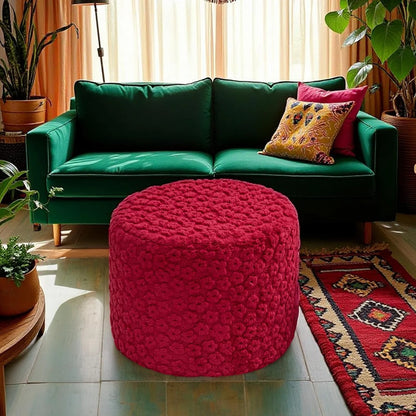 Ottoman Foot Rest Stuffed Round Boho Floor Poof Seating Armchair Ottoman Foot Stool Floor Cushion Bean Bag Pouf 18x18x14 Inch Burgundy