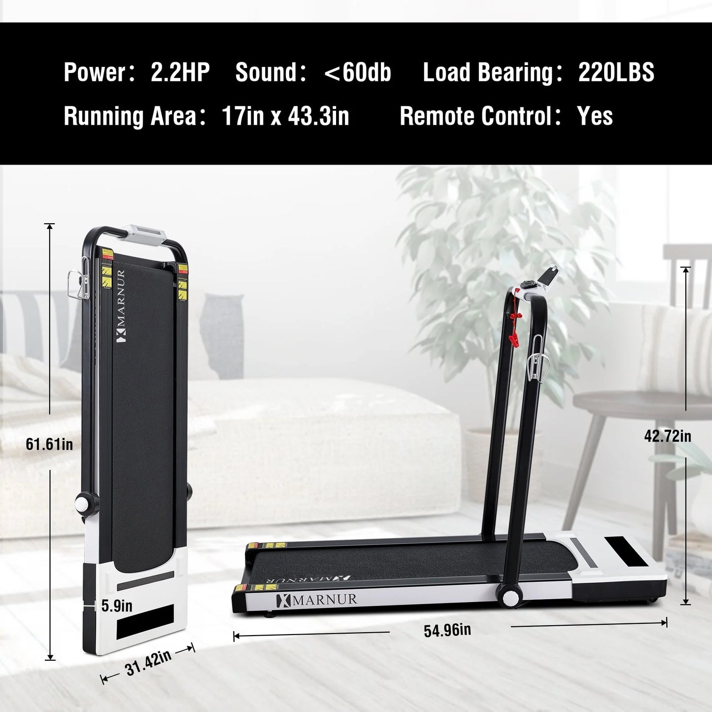 MARNUR 2 in 1 Folding Treadmill 2.2HP Under Desk Treadmill for Fitness with LED Display, Remote Control, Walking Jogging Running Exercise Machine for Home Office, Maximum Weight 220 lbs