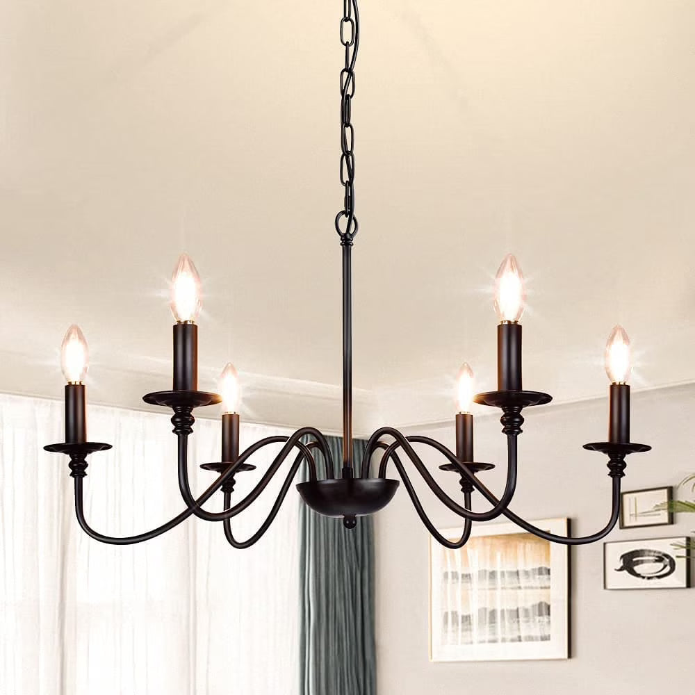 LOHASLED 6-Light Matte Black Finish Candle Style Chandelier,Farmhouse Hanging Light, Indoor for Foyer, Living Room,Dining Room, Bedroom