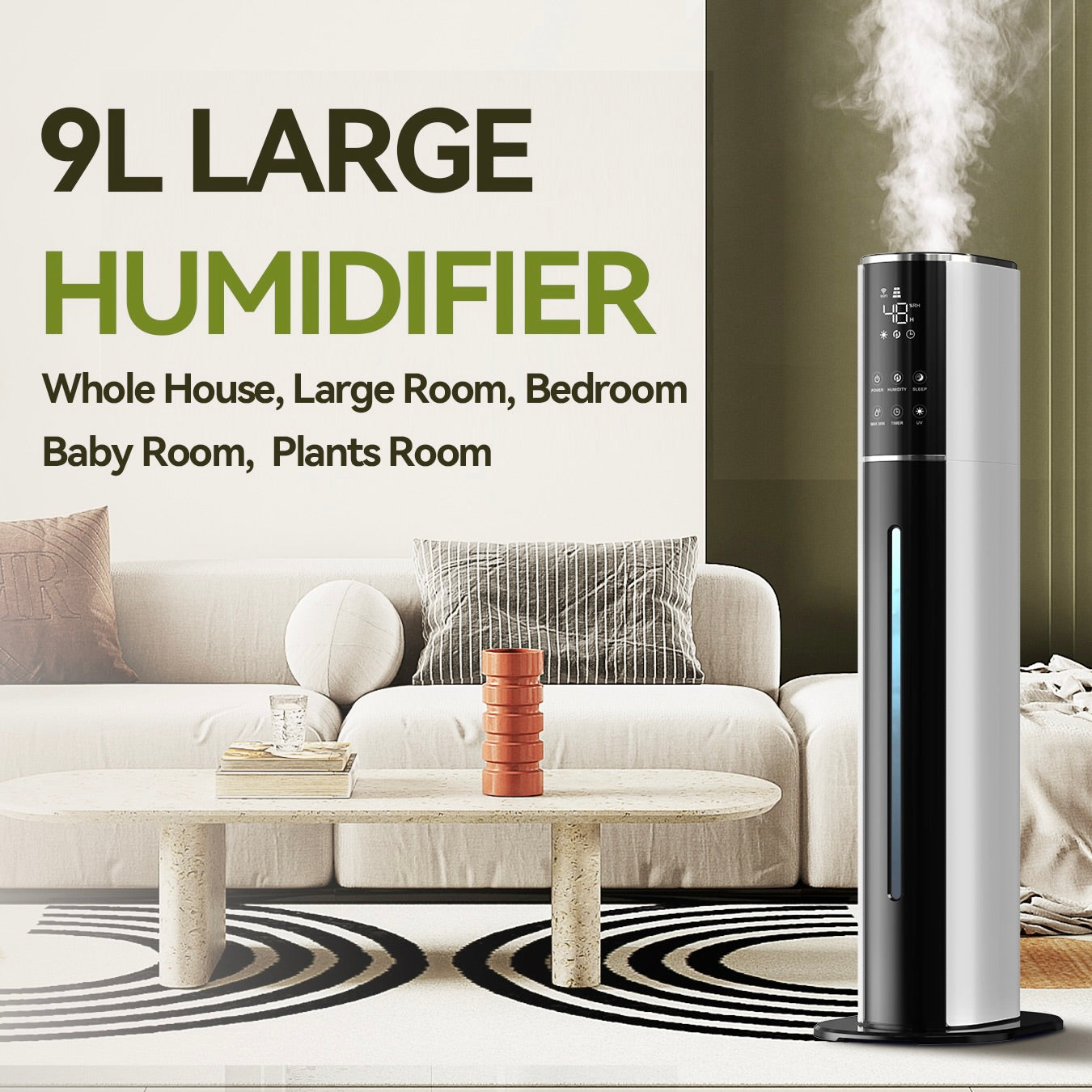 KELOPA Ultrasonic Cool Mist Humidifier, 9L/2.4 Gallon, Top Fill, Smart Humidity Control, Sleep Mode and Other Functions, for Home/Large Room/Bedroom/Office/Plants, Coverage 600ft2 and Above