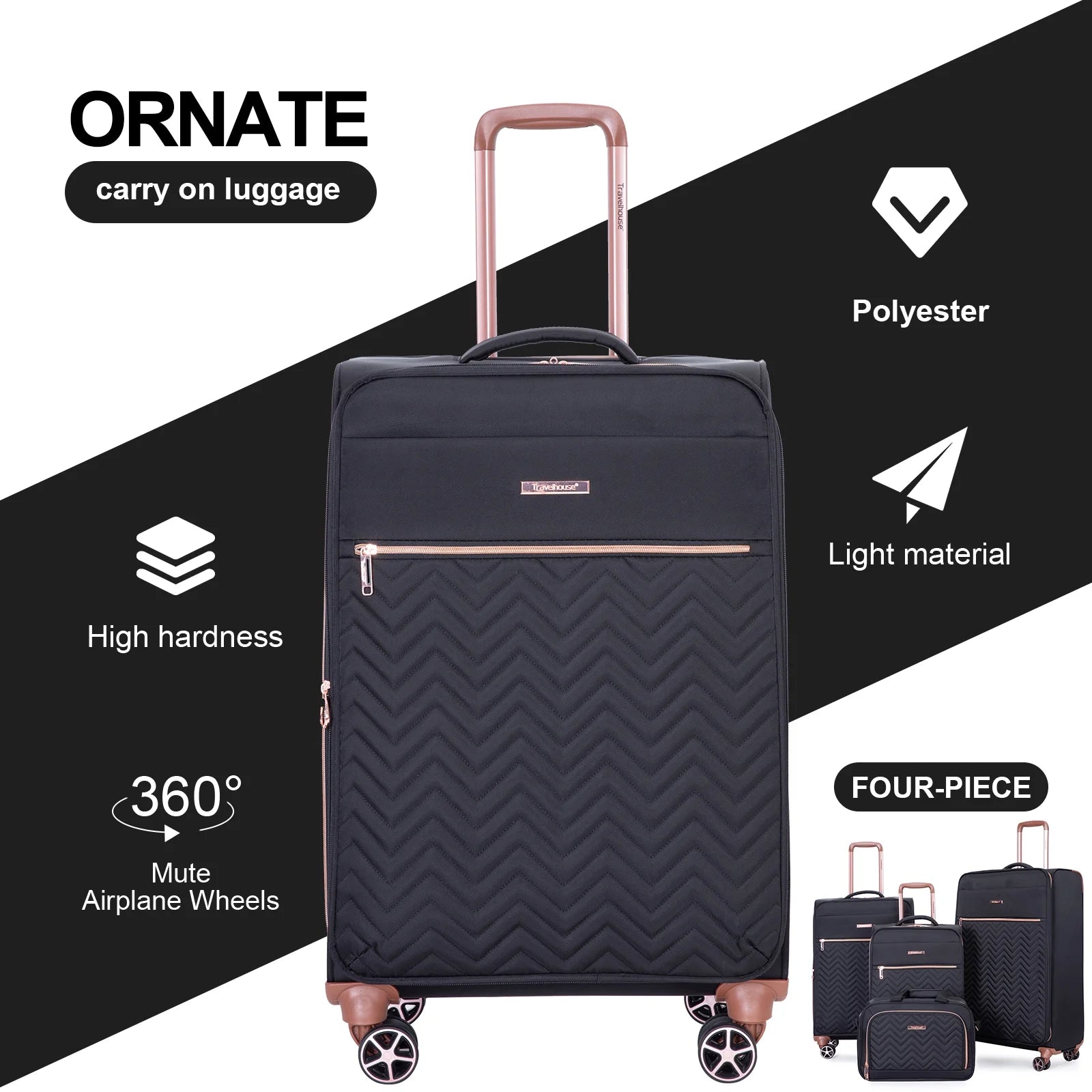 Travelhouse 4 Piece Luggage Set Softside Expandable Lightweight Suitcase with Double Spinner Wheels.(Black)