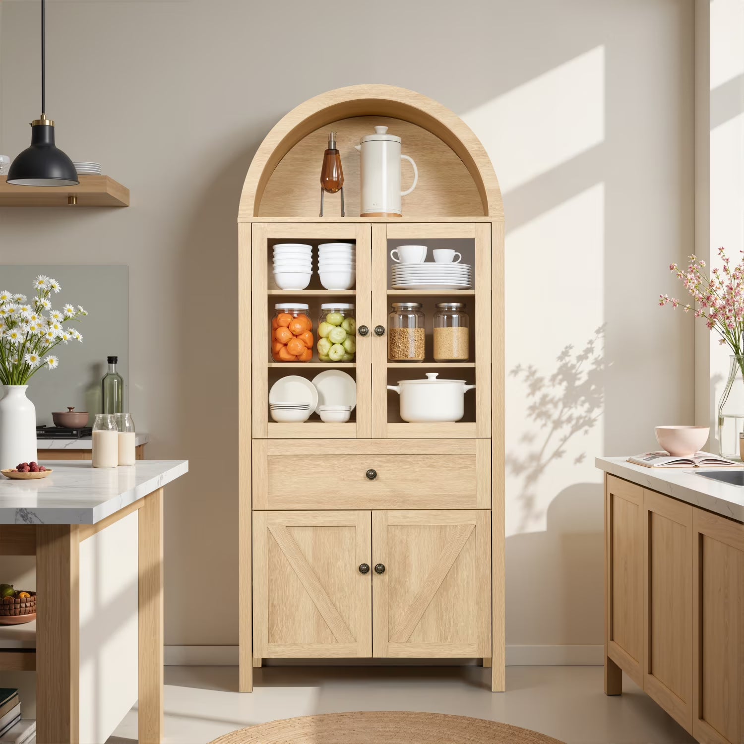 Lisonu 72" Arched Bookcase with Doors, Tall Dome Display Cabinet with Storage for Living Room or Home Office, Natural