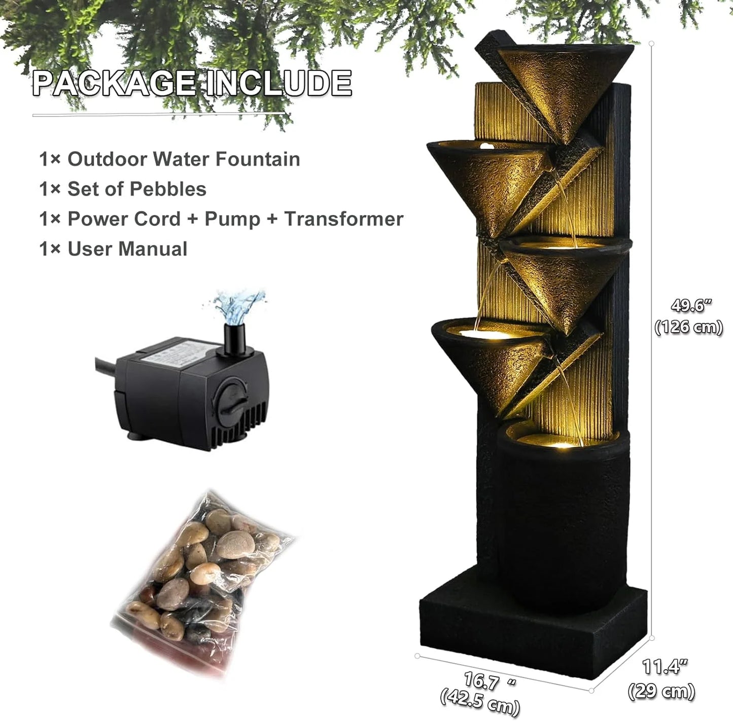 Waterfall Fountain 5-Tier Floor Standing Water Fountains with LED Lights for Garden, Living Room, Patio, Home Decor