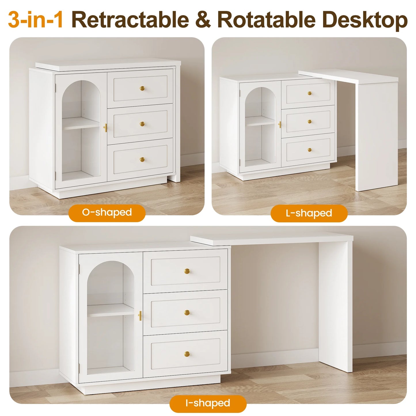 CozyHome 59° Extendable Corner Vanity Desk with Rotatable Tabletop, Large White Makeup Vanity Table for Women Girl, 3 Drawer & 1 Door, Wood Vanity Dresser for Apartment, Dorm, Study Room, Home Office
