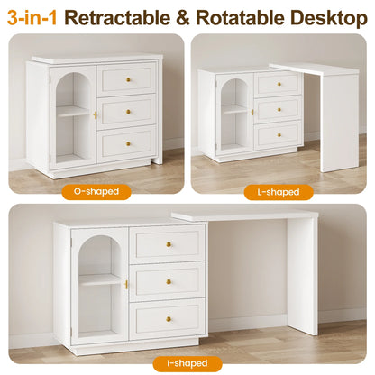 CozyHome 59° Extendable Corner Vanity Desk with Rotatable Tabletop, Large White Makeup Vanity Table for Women Girl, 3 Drawer & 1 Door, Wood Vanity Dresser for Apartment, Dorm, Study Room, Home Office