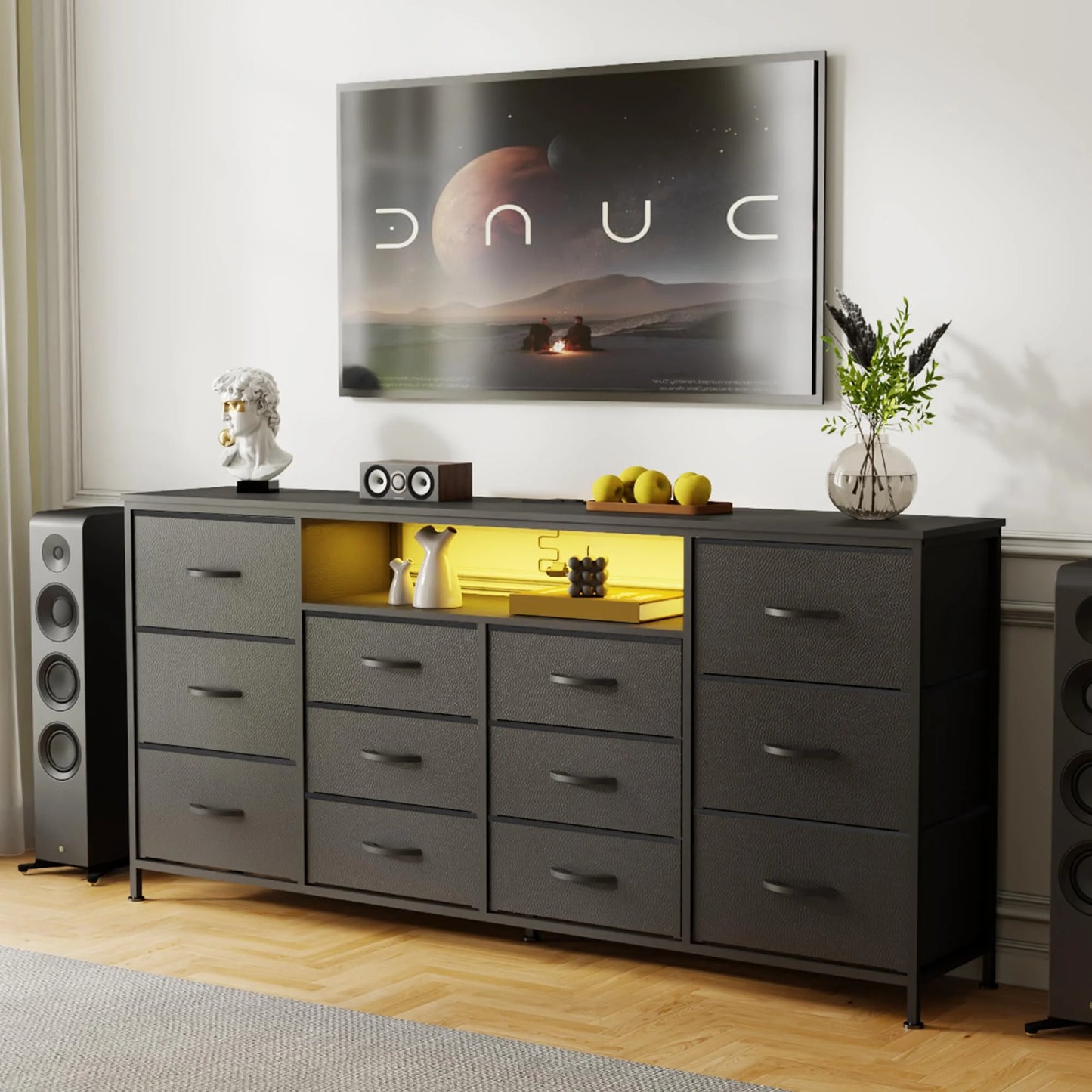 Danolapsi 12-Drawer Dresser with Charging Station & LED Lights, Fabric Chest of Drawers with Sturdy Metal Frame, Wood Top TV Stand, Storage Organizer for Bedroom, Closet, Entryway, Nursery