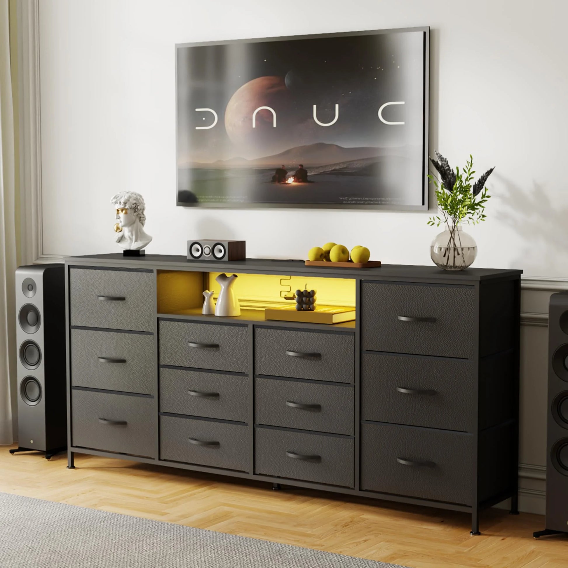 Danolapsi 12-Drawer Dresser with Charging Station & LED Lights, Fabric Chest of Drawers with Sturdy Metal Frame, Wood Top TV Stand, Storage Organizer for Bedroom, Closet, Entryway, Nursery