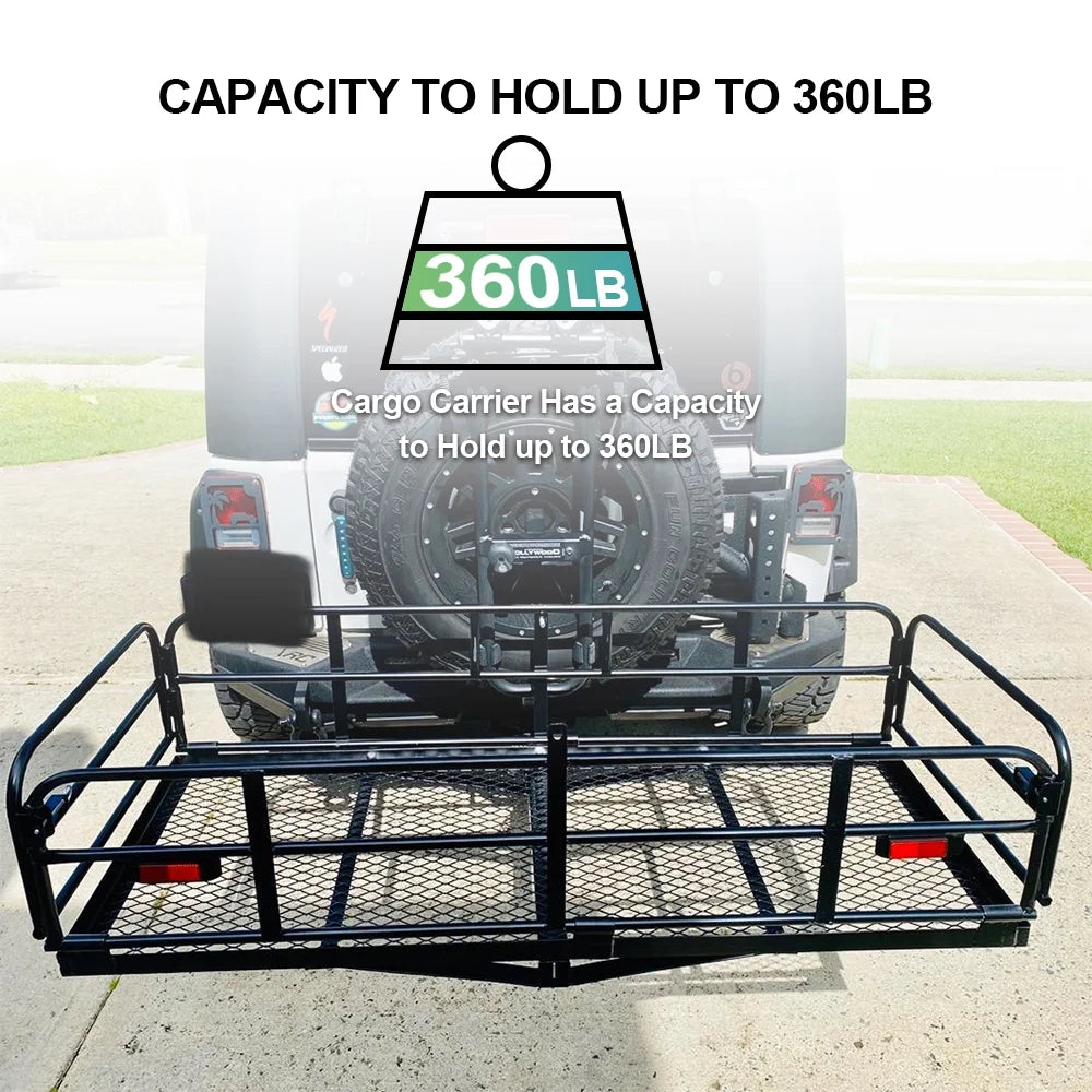 Kojem 500 Lbs Hitch Mount Cargo Carrier 60" x 24" x 14" Folding Cargo Rack Rear Luggage Basket Fits 2" Receiver for Car SUV Camping Traveling