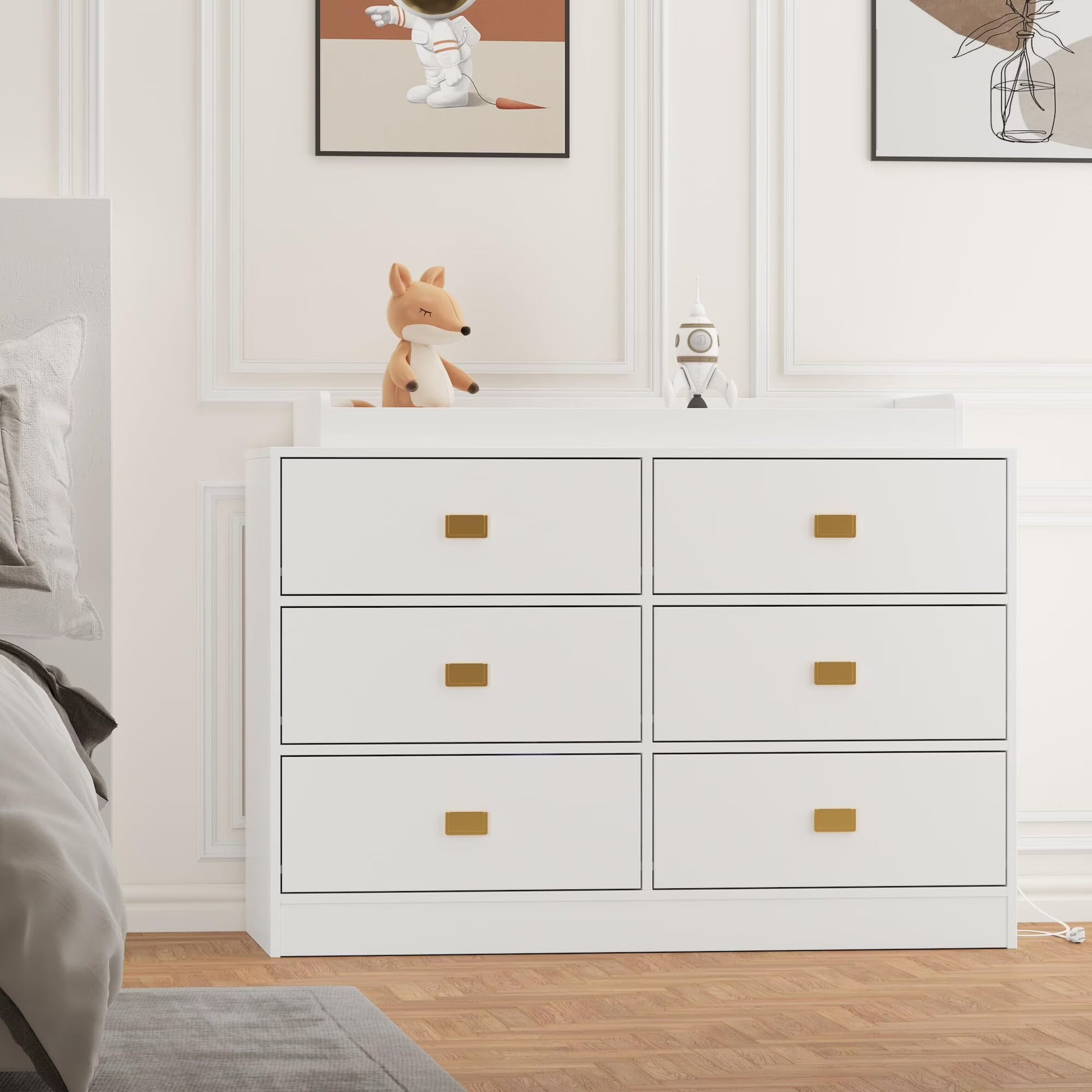 NEILA Changing Table Dresser with 6 Drawers and Power Outlets - Nursery Storage Organizer with Removable Changing Pad