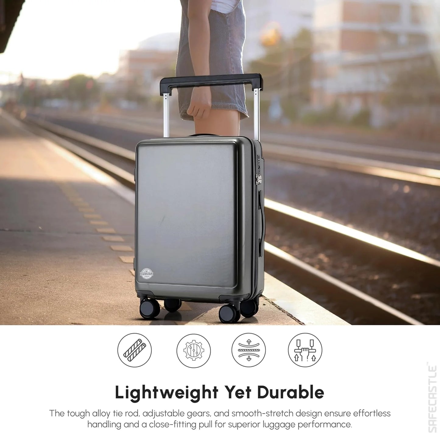 SAFECASTLE 24-Inch PC Hardshell Suitcase Wide Handle Design, Spinner Wheels, Travel Makeup Bag & Protective Luggage Cover Included Lightweight, Durable and Spacious Luggage in Black Single Unit