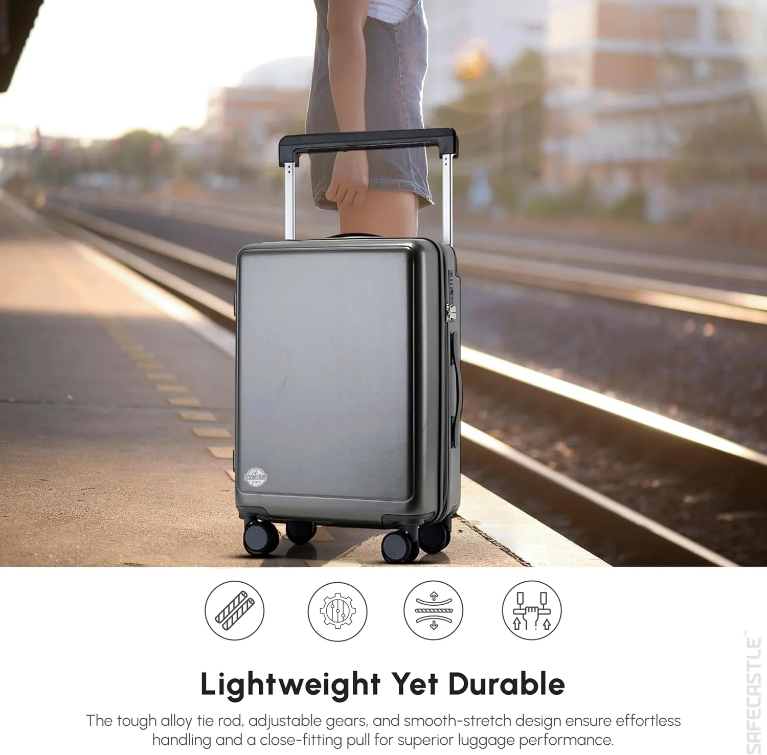 SAFECASTLE 24-Inch PC Hardshell Suitcase Wide Handle Design, Spinner Wheels, Travel Makeup Bag & Protective Luggage Cover Included Lightweight, Durable and Spacious Luggage in Black Single Unit