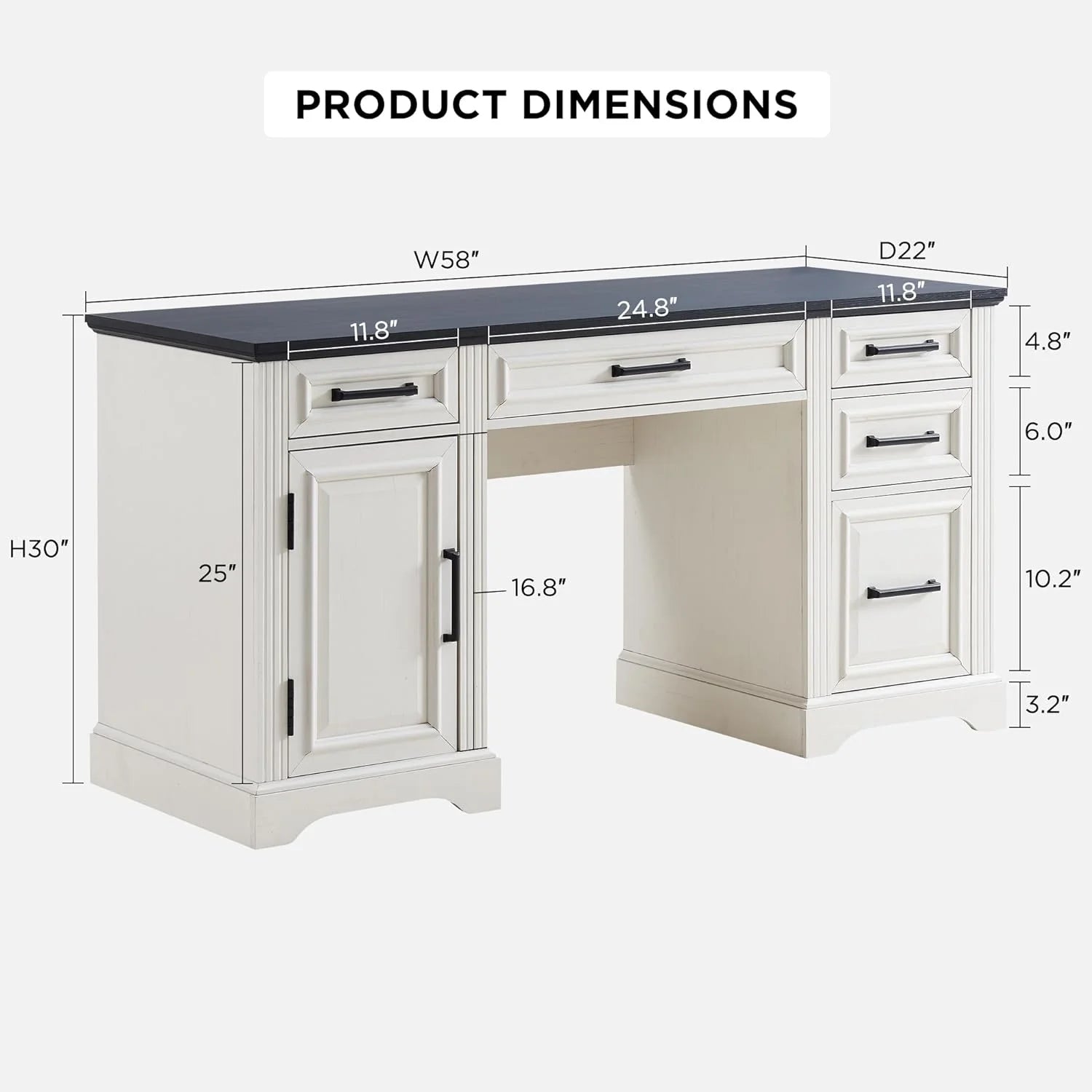 T4TREAM Farmhouse Wood 58" Executive Desk, Home Office 30" High Computer Desk with Drawers and Storage Cabinet, White