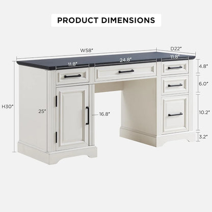T4TREAM Farmhouse Wood 58" Executive Desk, Home Office 30" High Computer Desk with Drawers and Storage Cabinet, White