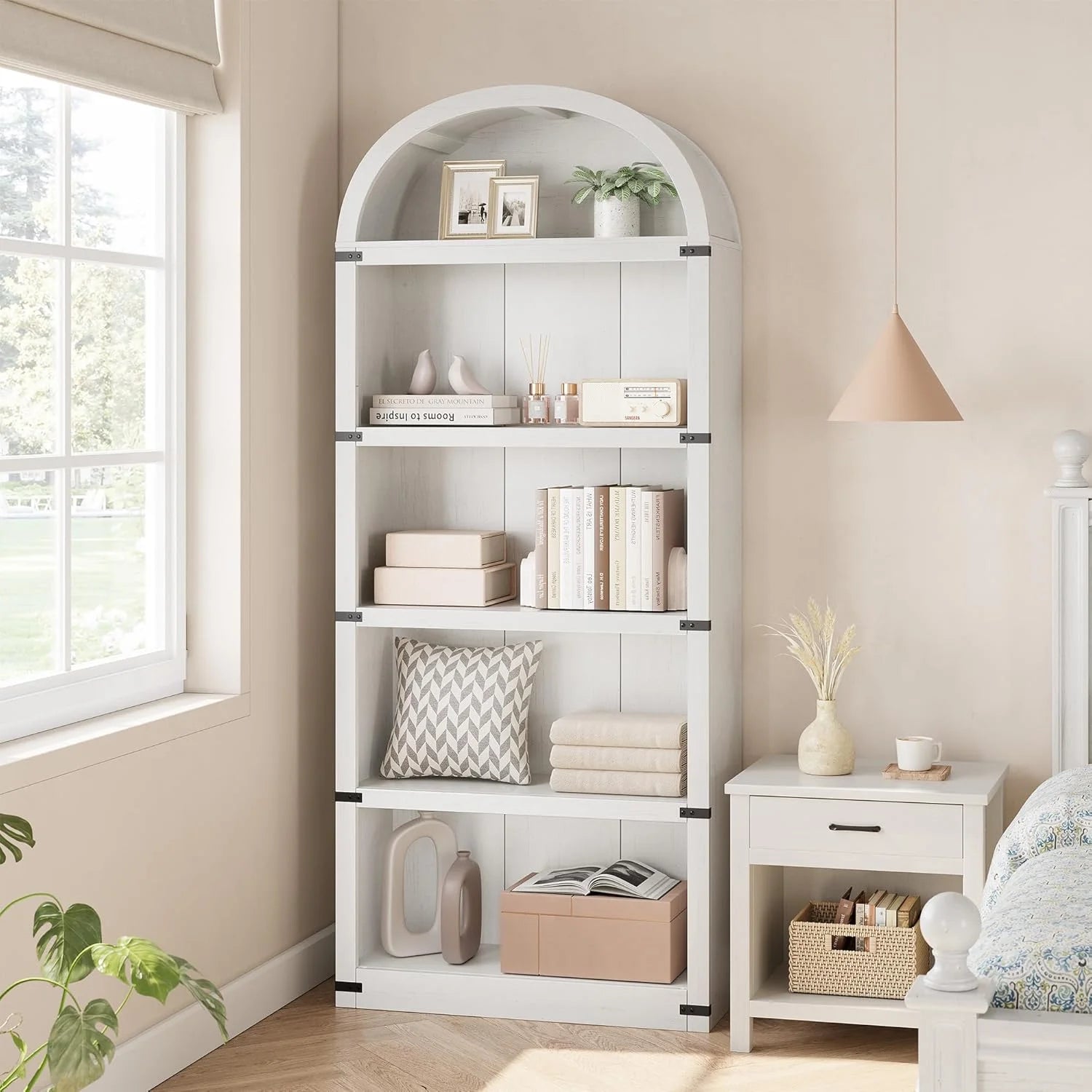 Accreate Bookcase 5 Shelf Arched Bookshelf 71.65in Tall Bookcase Farmhouse Display Storage Rack Wooden Bookshelves for Home office, Living Room